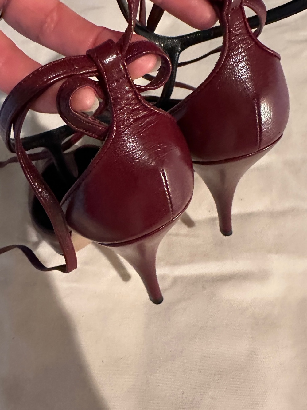 Celine Burgundy Leather T-Strap Wrap Heels - Picture 9 of 15